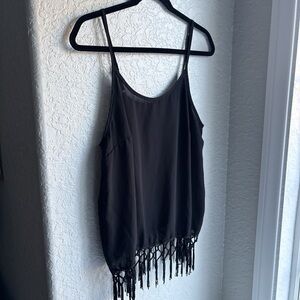 Cotton Candy Y2K Black Fringe Hem Cami Spaghetti Strap Top Festival Layering L